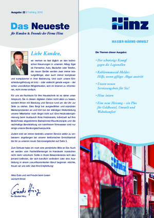 Newsletter 22 / Frühjahr 2018 | Hinz - Fachbetrieb für Sanitär- und Heizungstechnik in Köln