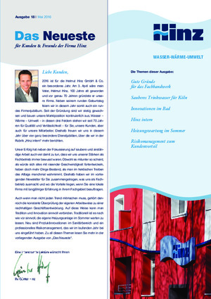 Newsletter 18 / Mai 2016 | Hinz - Fachbetrieb für Sanitär- und Heizungstechnik in Köln