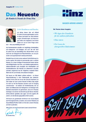 Newsletter 27 / Herbst 2020 | Hinz - Wasser, Wärme, Umwelt